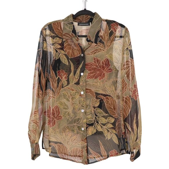 Impressions Tops - Impressions Sheer Blouse Tank Set L Women Floral Button Up Green Red Brown Fall